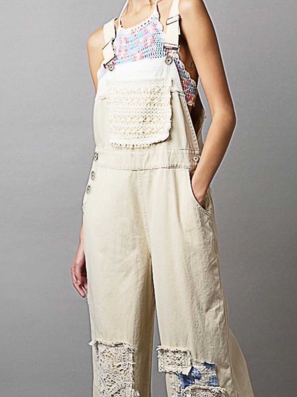 NWOT POL Cream Patchwork Wide Leg Overalls Size Small - Picture 3 of 16